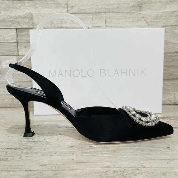 Manolo Blahnik Fiboslac Black Satin Swarovski Crystal Slingback 70MM Pumps SZ 37 - Picture 9 of 14